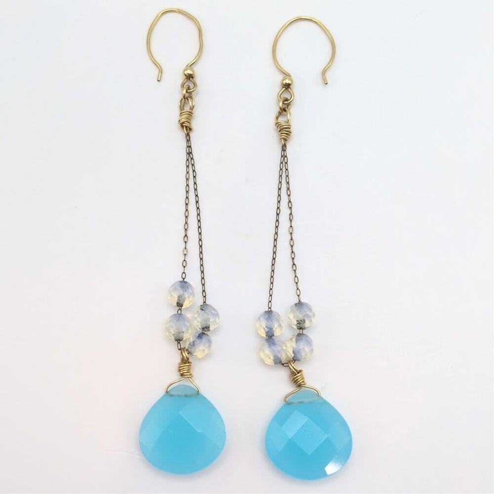 Gold Filled Long Blue Gemstone Teardrop Chain Long Drop Dangle Earrings 4.25in